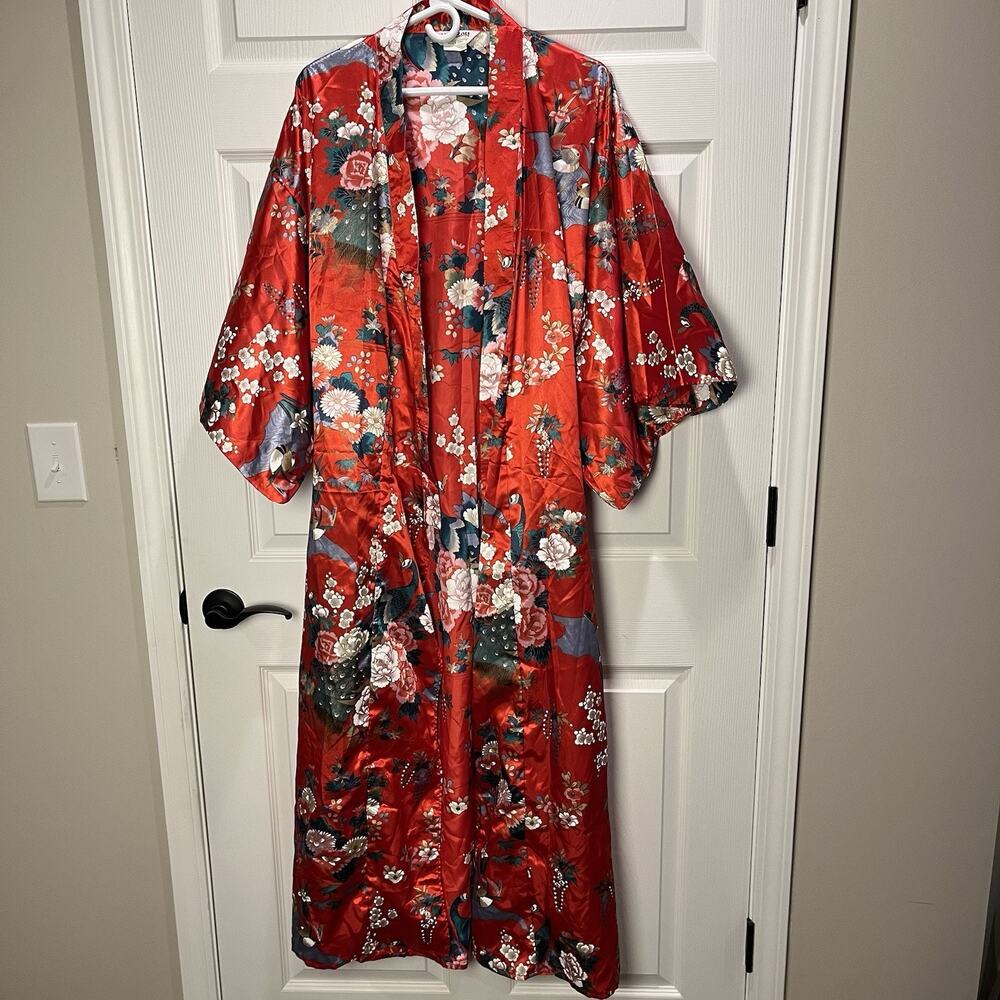 Vintage Ichi Ban Japanese Maxi Kimono Red Geisha Floral (NO BELT) * One Size